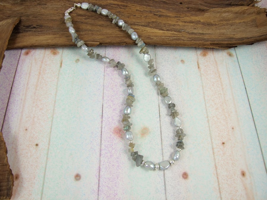 Silver Grey Pearl and Labradorite Necklace with Sterling Silver