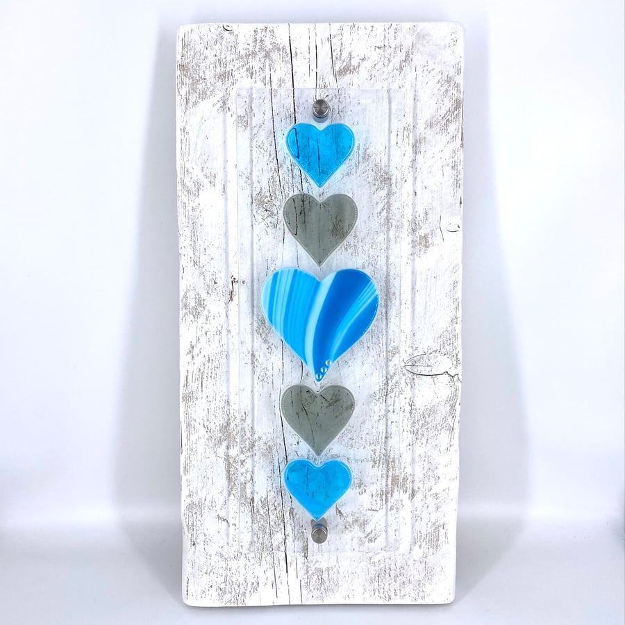 Fused Glass Heart Panel in Turquoise & Grey on Reclaimed Wood