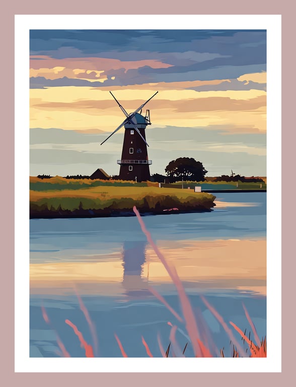Windmill Sunrise Norfolk Broads Norfolk Greeting Card A5 Size 
