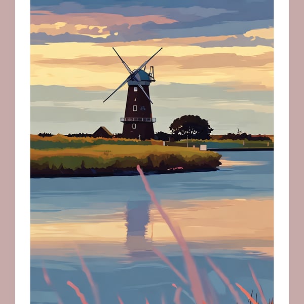 Windmill Sunrise Norfolk Broads Norfolk Greeting Card A5 Size 
