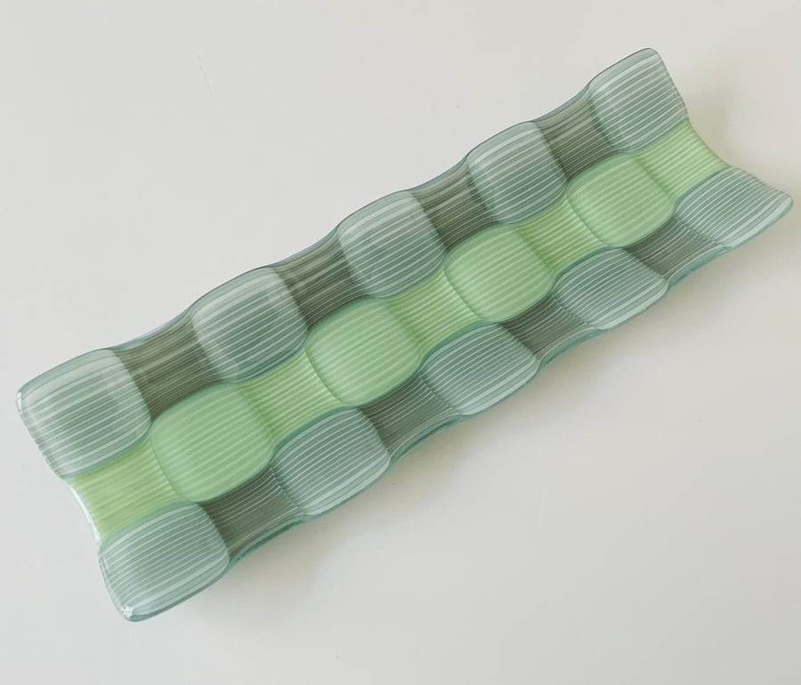 Fused glass channel dish, bubble effect