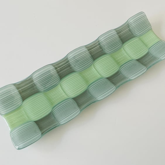 Fused glass channel dish, bubble effect