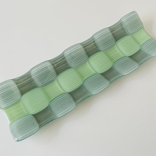 Fused glass channel dish, bubble effect