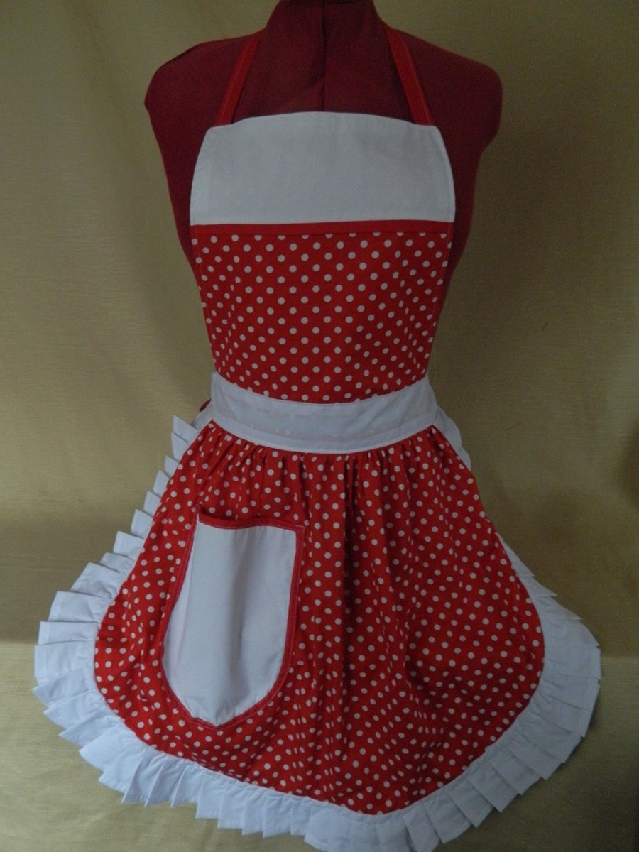 Vintage 50s Style Full Apron Pinny - Red & White Polka Dot with White Trim