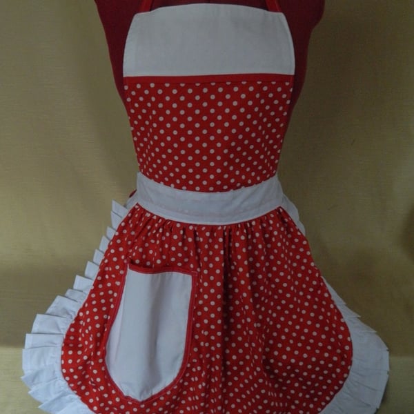 Vintage 50s Style Full Apron Pinny - Red & White Polka Dot with White Trim