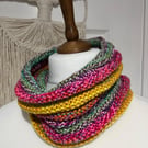 Rainbow coloured cowl Chunky wool 58cms x 20cms wide 