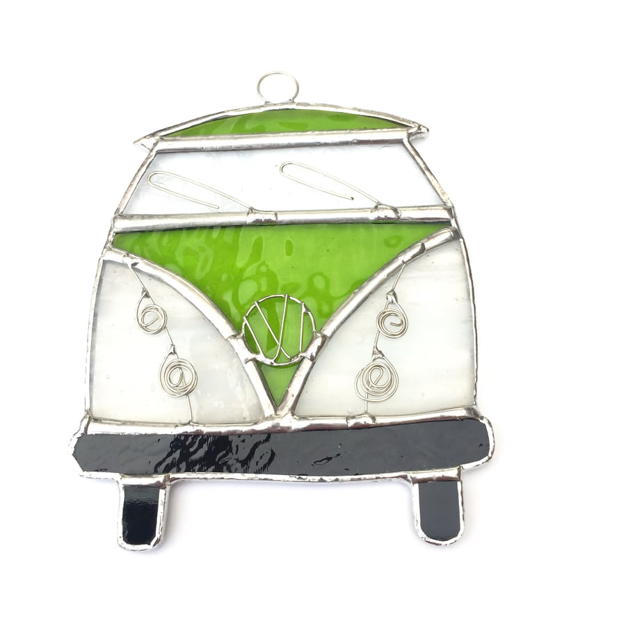 Stained Glass Camper Van Suncatcher - Handmade Decoration - Lime and White