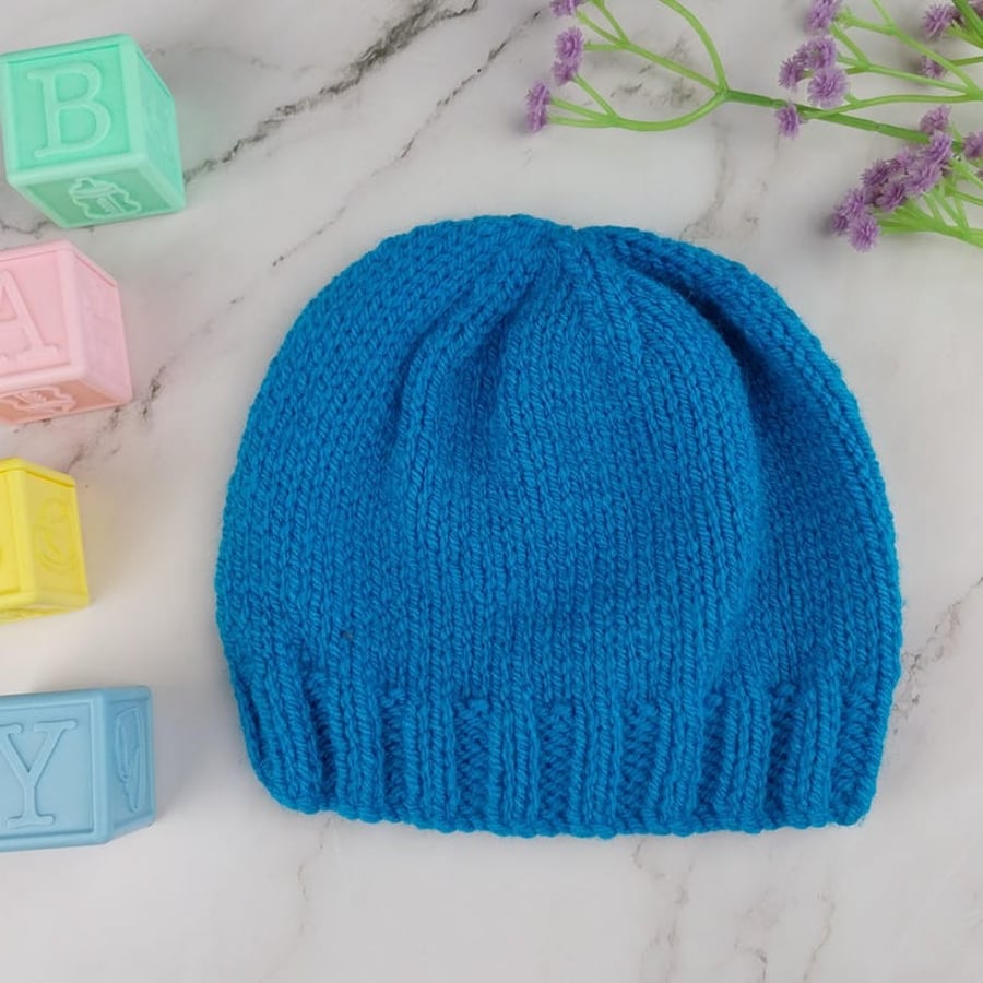Hand Knitted Baby Hat, Bright Blue Newborn Beanie, 0-3 Months