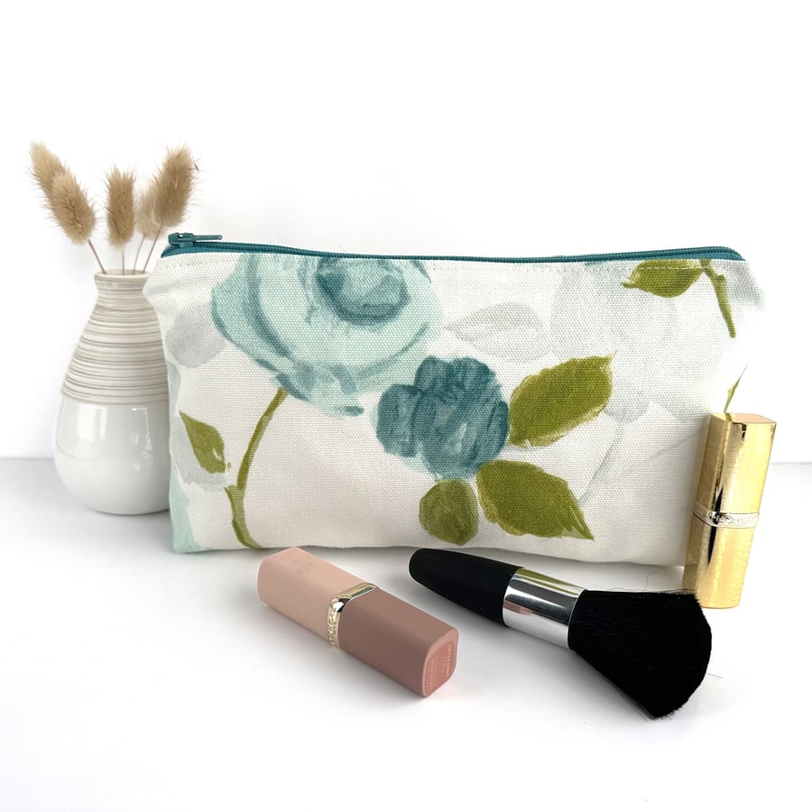 Roses Make up Bag, Cosmetic Bag with Turquoise and Duck-egg Blue Roses
