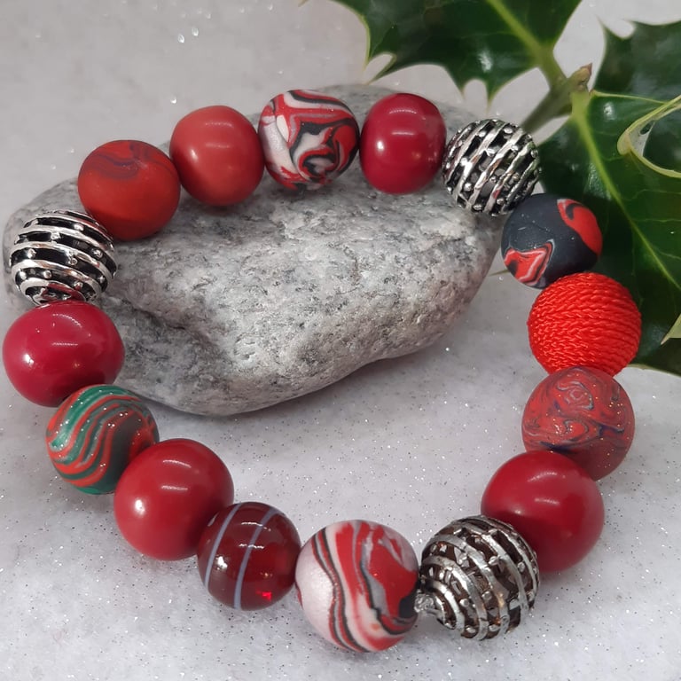 Red and silver polymer clay bracelet