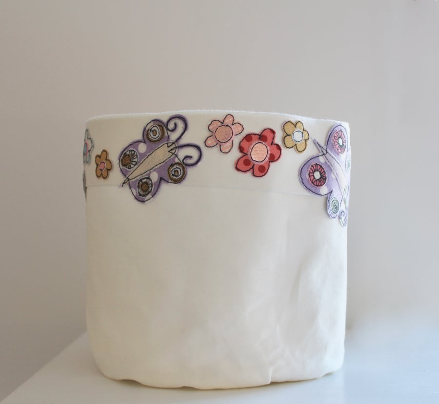 Fabric Bucket with Butterflies and Flowers for Storage