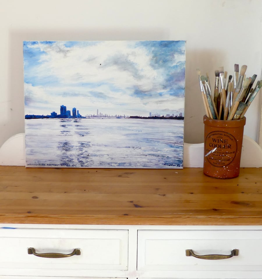 New York Cityscape Art: Original Oil Painting of Williamsburg Bridge- East River