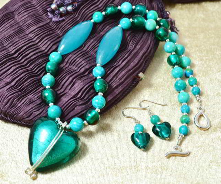 Murano Glass, Jasper & Jade Heart Jewellery Set