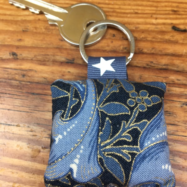 Keyring Lavender filled- navy, duck egg blue & gold William Morris style fabric