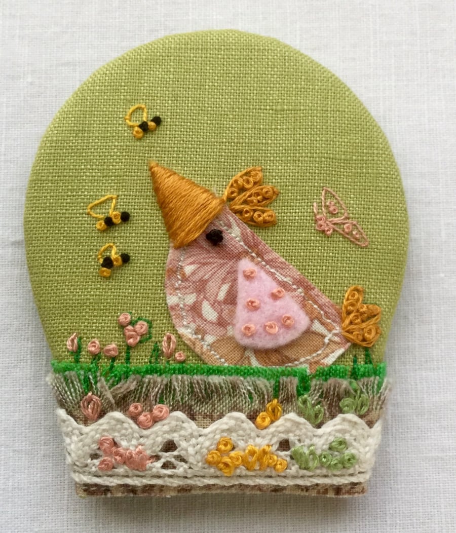 Textile Brooch "Wilma the pink chick"