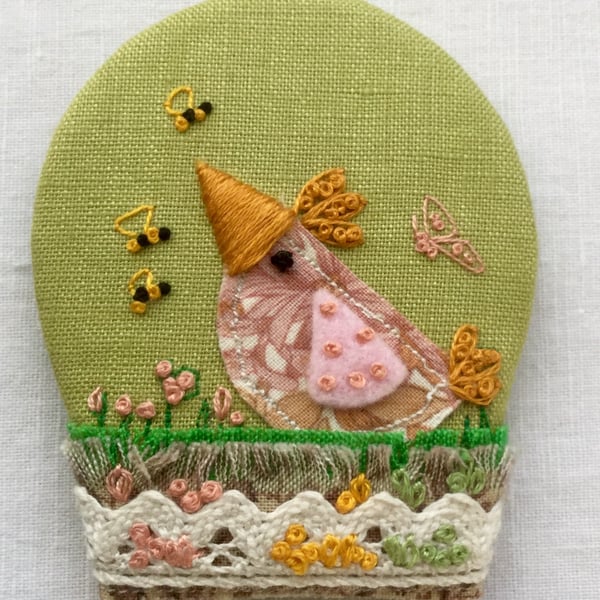 Textile Brooch "Wilma the pink chick"