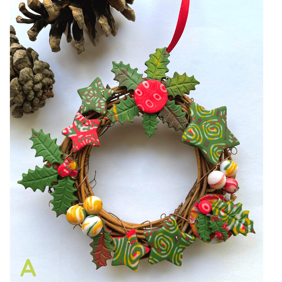 Rattan Christmas Wreath Decorated with Handcrafted Polymer Clay Pieces - 10cm