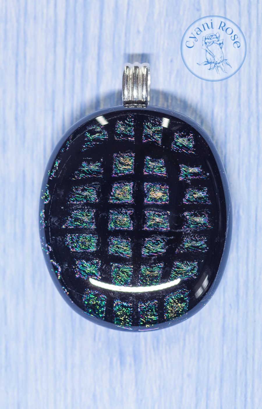 Beautiful dichroic fused glass pendant black peacock feather colours
