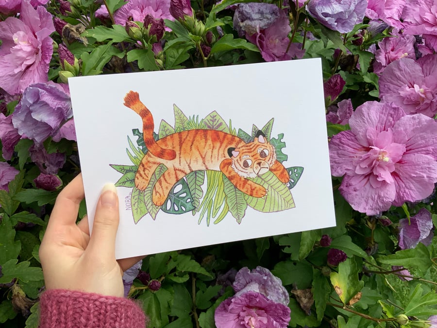 Dancing Tiger Illustration A5 Recycled Wall Art Print