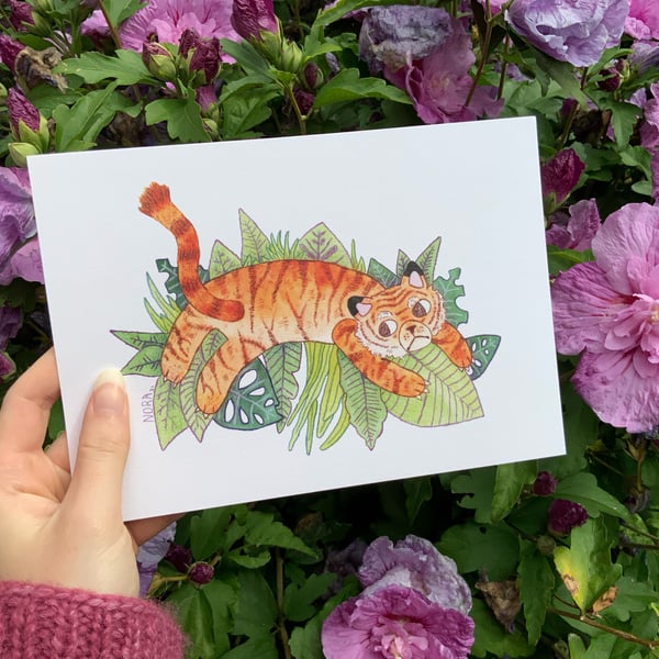 Dancing Tiger Animal Illustration A5 Recycled Wall Art Print