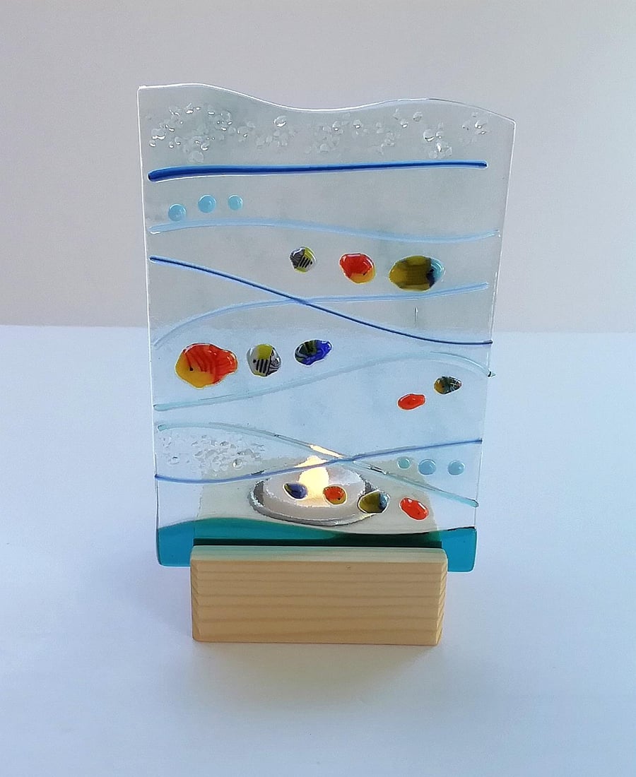 Fused Glass Tropical Fish Tealight Panel: Colorful Underwater Art