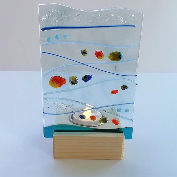 Fused Glass Tropical Fish Tealight Panel: Colorful Underwater Art