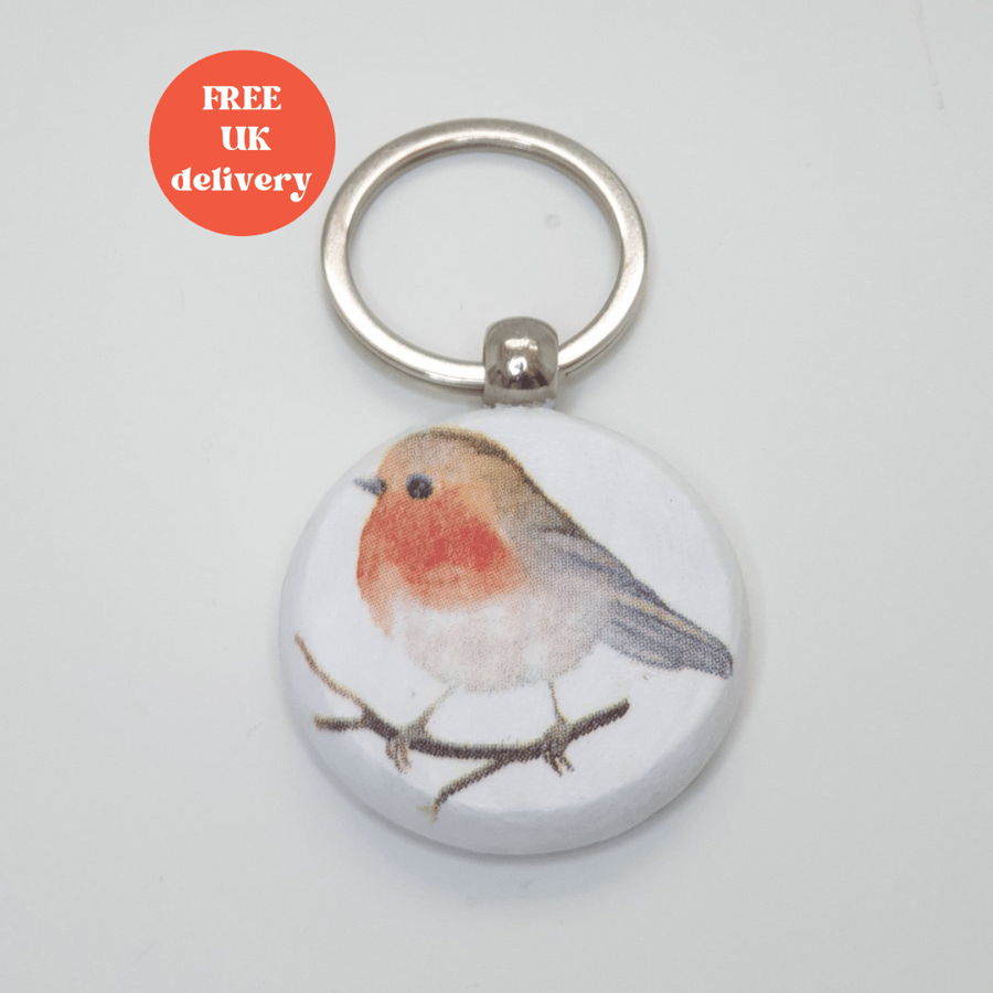 Robin wooden keyring, garden bird, small gift for a bird lover 