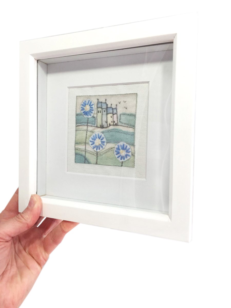 landscape, little houses, hand embellished fabric print, framed 