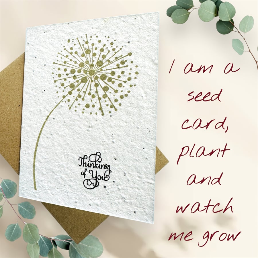 Seeded blank card with dandelion clock. Thinking of you. Plantable eco card.  