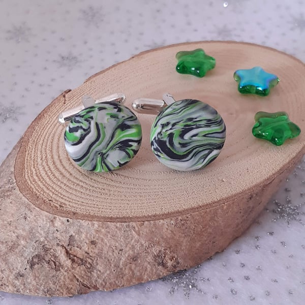 Cufflinks in bright green, black, white and silver 