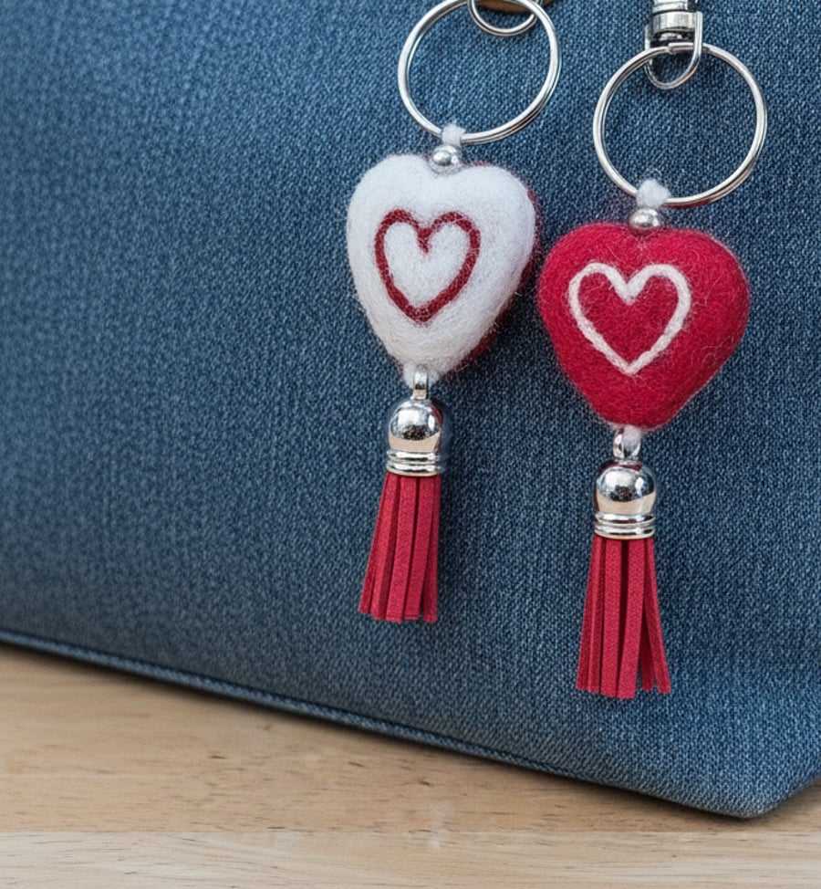 Needle Felted Reversible Red and White Heart Keychain (Keyring) with Tassel