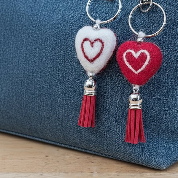 Needle Felted Reversible Red and White Heart Keychain (Keyring) with Tassel