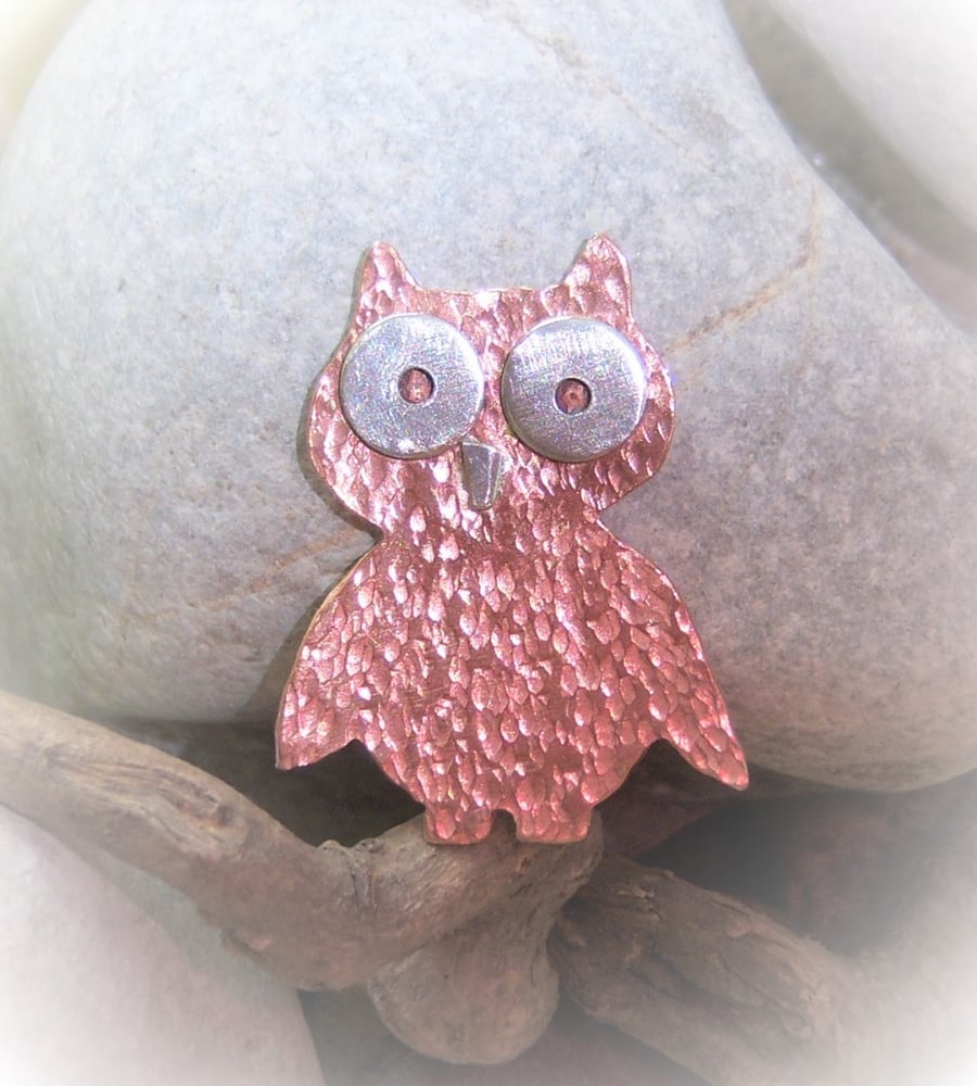 Owl brooch in copper and sterling silver