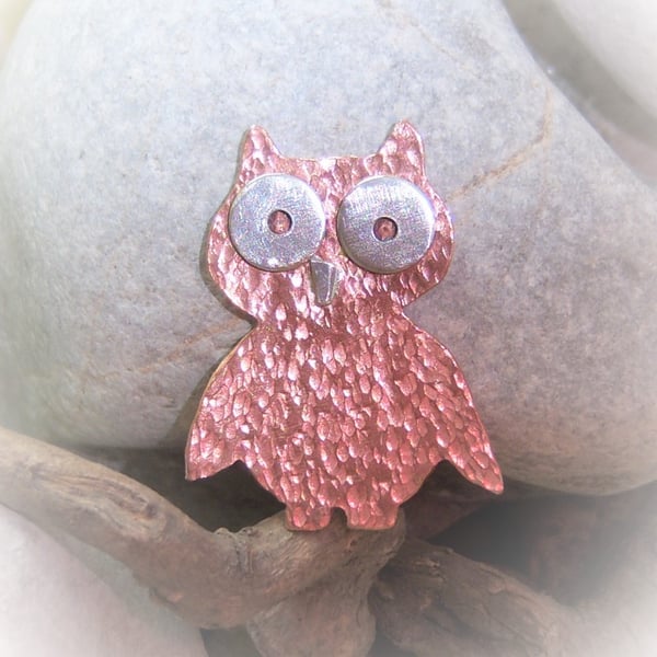 Owl brooch in copper and sterling silver