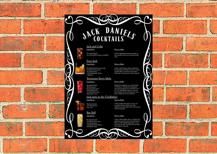 Unique Jack Daniels Cocktail Menu vintage style metal sign