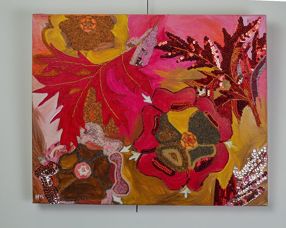 red abstract floral mixed media canvas