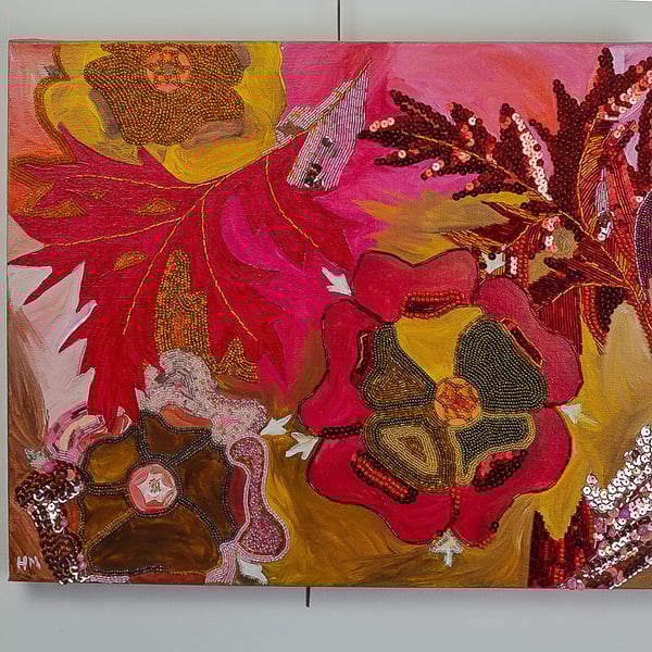 red abstract floral mixed media canvas