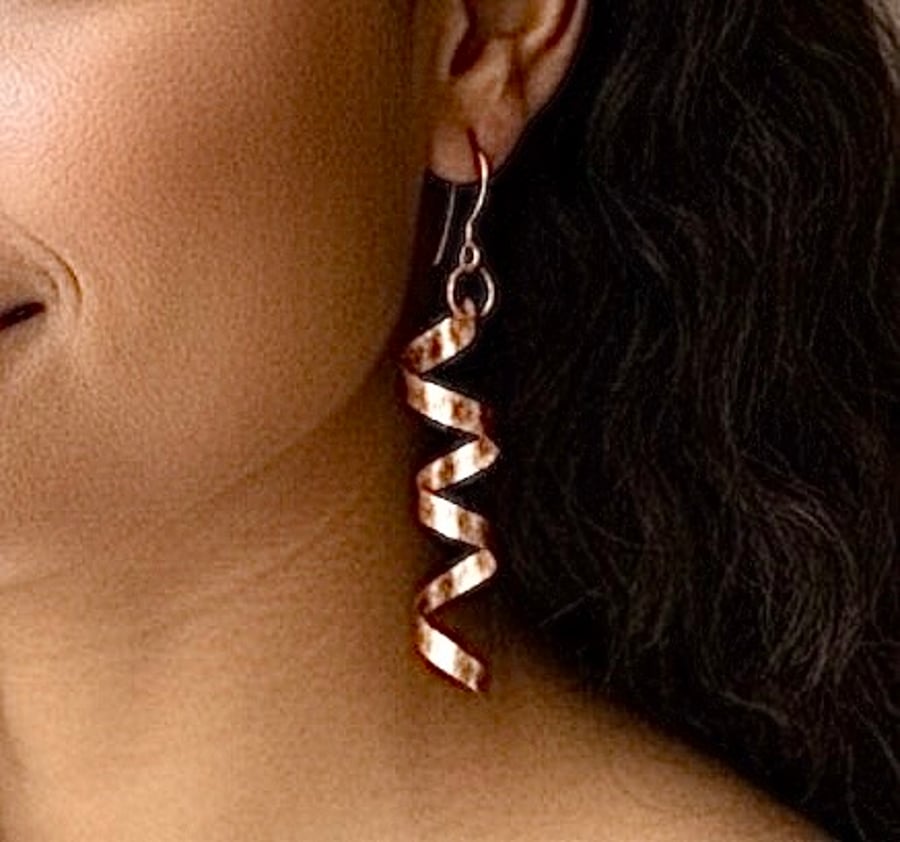 Textured Copper Spiral Dangle Earrings - Gift, Birthday