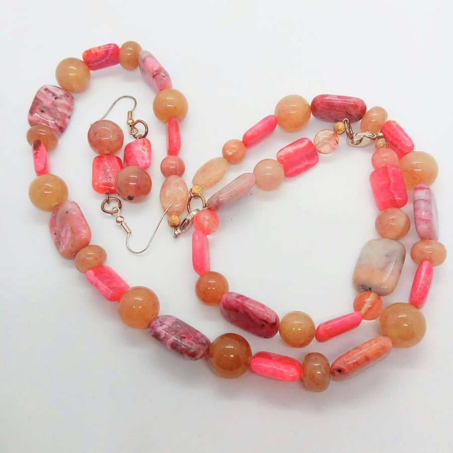 Pink Jasper and Raspberry Quartz Beaded Jewellery Set, Semi Precious Jewellery