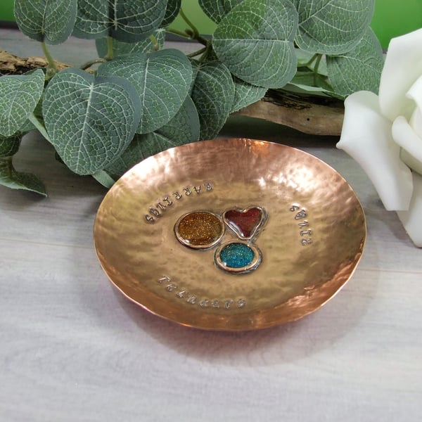 Copper Bowl - Shallow Dish with Enamel and Stamped Rings, Earrings, Trinkets