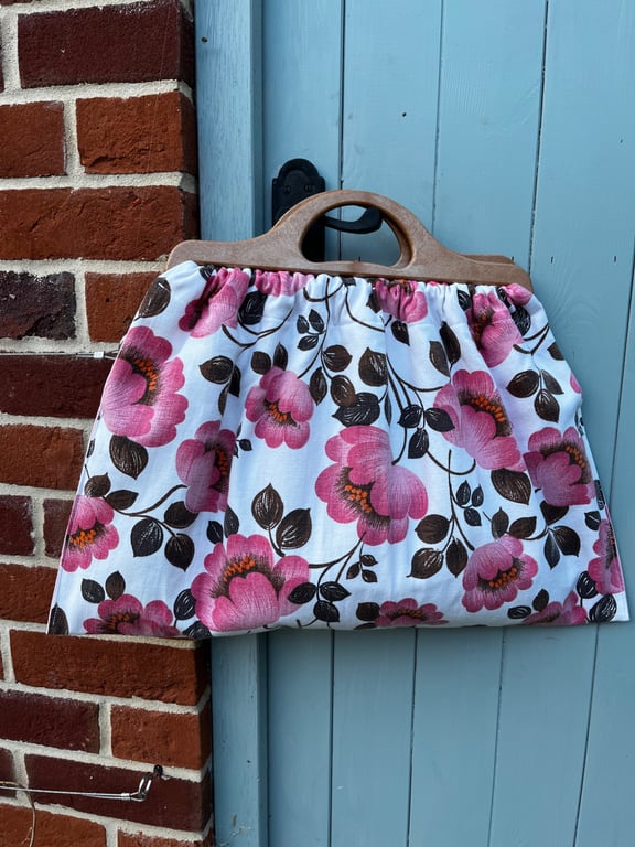 Pink Floral vintage style handbag knitting bag granny bag reclaimed material