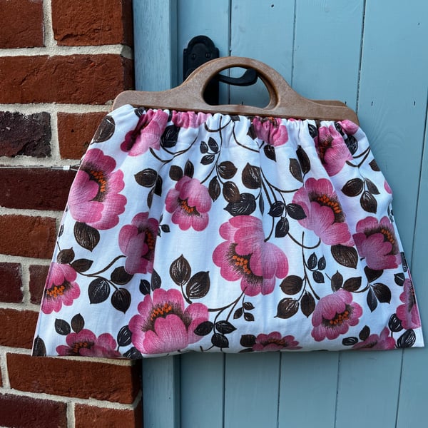 Pink Floral vintage style handbag knitting bag granny bag reclaimed material