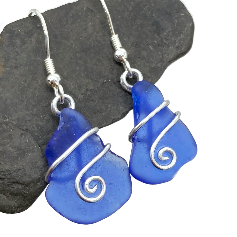 Sea Glass Earrings - Cornflower Blue - Scottish Sterling Silver Wire Celtic Jewe