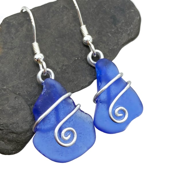 Sea Glass Earrings - Cornflower Blue - Scottish Sterling Silver Wire Celtic Jewe