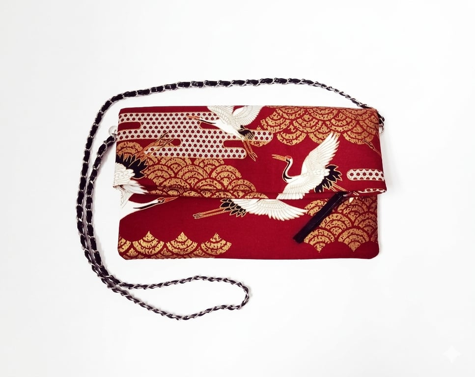 Red & Gold Japanese Crane Foldover Bag - 2-in-1 Clutch & Crossbody