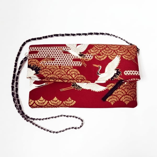 Red & Gold Japanese Crane Foldover Bag - 2-in-1 Clutch & Crossbody