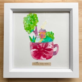 Framed paper cut illustration - House in a teacup. 