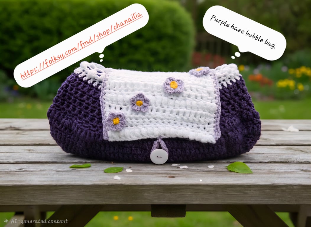 Crochet Purple & white clutch bag with a button fastening. 
