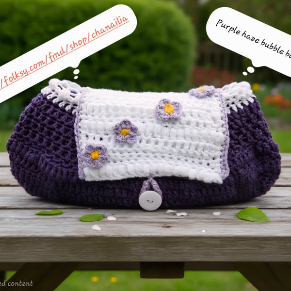 Crochet Purple & white clutch bag with a button fastening. 