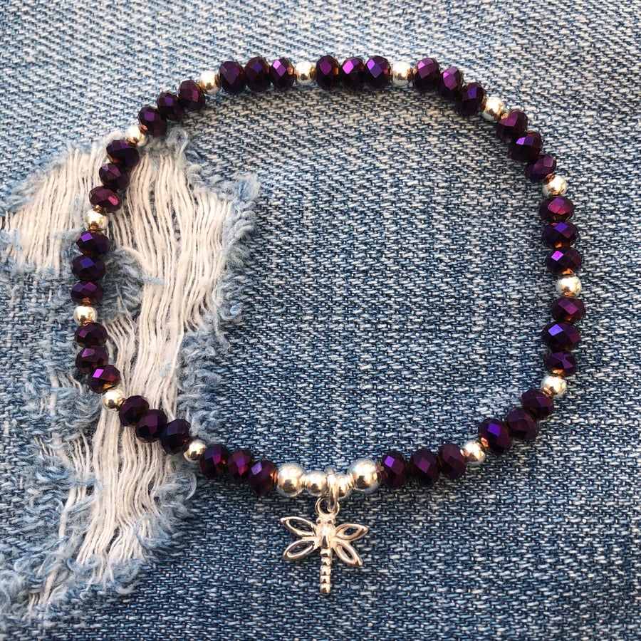 Purple crystal beaded bracelet with dragonfly charm